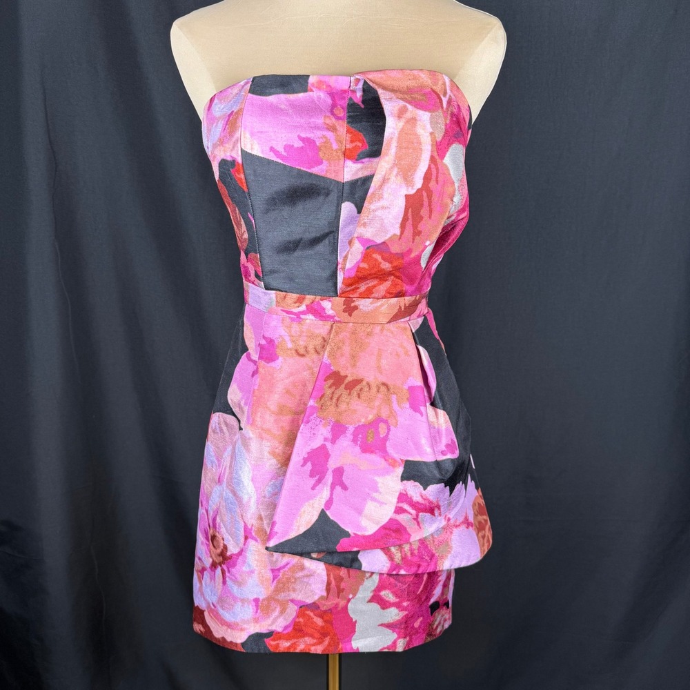 Cameo The Label Nightlight Strapless Mini Dress S Pink Black Floral Asymmetrical